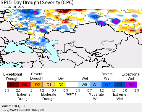 Russian Federation SPI 5-Day Drought Severity (CPC) Thematic Map For 7/26/2022 - 7/31/2022