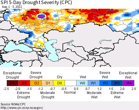 Russian Federation SPI 5-Day Drought Severity (CPC) Thematic Map For 8/1/2022 - 8/5/2022