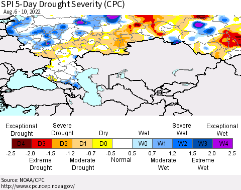 Russian Federation SPI 5-Day Drought Severity (CPC) Thematic Map For 8/6/2022 - 8/10/2022
