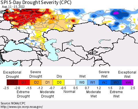Russian Federation SPI 5-Day Drought Severity (CPC) Thematic Map For 8/11/2022 - 8/15/2022