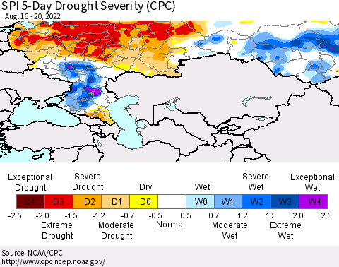 Russian Federation SPI 5-Day Drought Severity (CPC) Thematic Map For 8/16/2022 - 8/20/2022