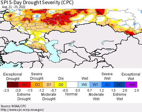 Russian Federation SPI 5-Day Drought Severity (CPC) Thematic Map For 8/21/2022 - 8/25/2022