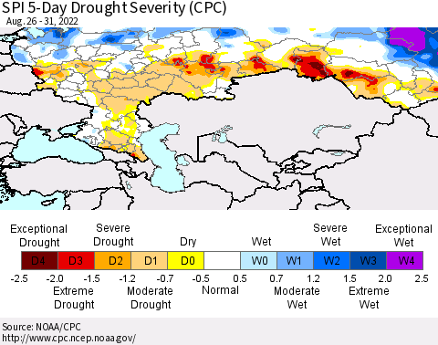 Russian Federation SPI 5-Day Drought Severity (CPC) Thematic Map For 8/26/2022 - 8/31/2022