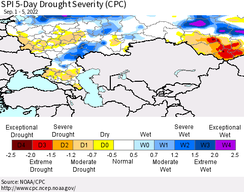 Russian Federation SPI 5-Day Drought Severity (CPC) Thematic Map For 9/1/2022 - 9/5/2022