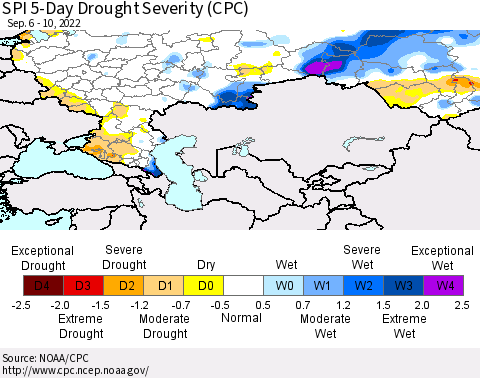 Russian Federation SPI 5-Day Drought Severity (CPC) Thematic Map For 9/6/2022 - 9/10/2022