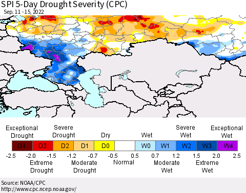 Russian Federation SPI 5-Day Drought Severity (CPC) Thematic Map For 9/11/2022 - 9/15/2022