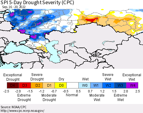 Russian Federation SPI 5-Day Drought Severity (CPC) Thematic Map For 9/16/2022 - 9/20/2022