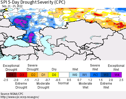Russian Federation SPI 5-Day Drought Severity (CPC) Thematic Map For 9/21/2022 - 9/25/2022