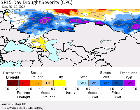 Russian Federation SPI 5-Day Drought Severity (CPC) Thematic Map For 9/26/2022 - 9/30/2022