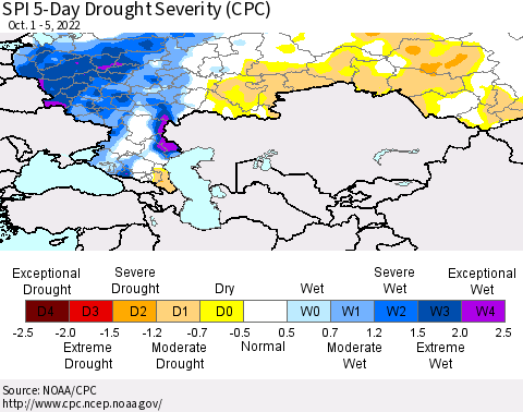 Russian Federation SPI 5-Day Drought Severity (CPC) Thematic Map For 10/1/2022 - 10/5/2022