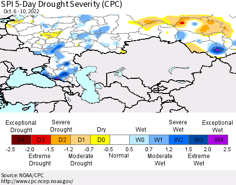 Russian Federation SPI 5-Day Drought Severity (CPC) Thematic Map For 10/6/2022 - 10/10/2022