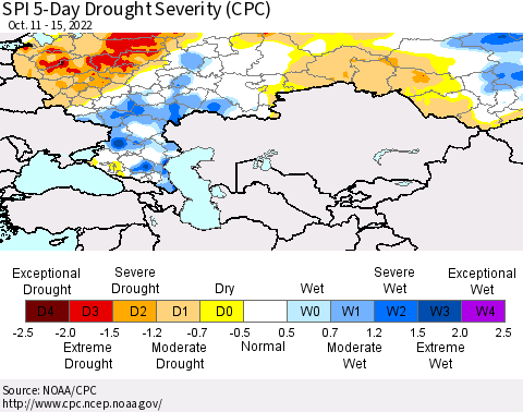 Russian Federation SPI 5-Day Drought Severity (CPC) Thematic Map For 10/11/2022 - 10/15/2022