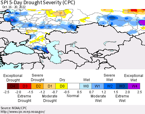 Russian Federation SPI 5-Day Drought Severity (CPC) Thematic Map For 10/16/2022 - 10/20/2022