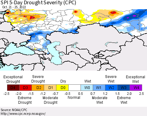 Russian Federation SPI 5-Day Drought Severity (CPC) Thematic Map For 10/21/2022 - 10/25/2022