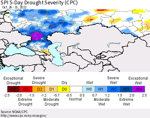 Russian Federation SPI 5-Day Drought Severity (CPC) Thematic Map For 10/26/2022 - 10/31/2022
