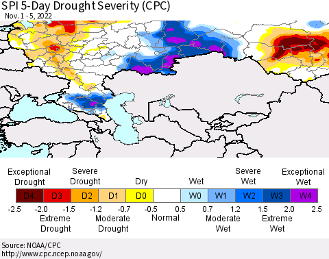 Russian Federation SPI 5-Day Drought Severity (CPC) Thematic Map For 11/1/2022 - 11/5/2022