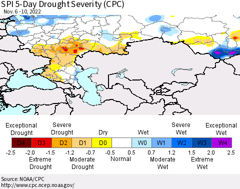 Russian Federation SPI 5-Day Drought Severity (CPC) Thematic Map For 11/6/2022 - 11/10/2022