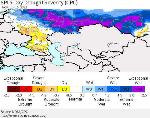 Russian Federation SPI 5-Day Drought Severity (CPC) Thematic Map For 11/11/2022 - 11/15/2022