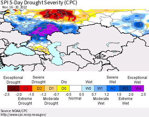 Russian Federation SPI 5-Day Drought Severity (CPC) Thematic Map For 11/16/2022 - 11/20/2022
