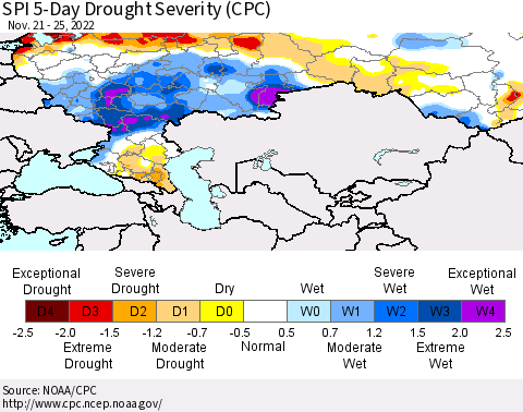 Russian Federation SPI 5-Day Drought Severity (CPC) Thematic Map For 11/21/2022 - 11/25/2022