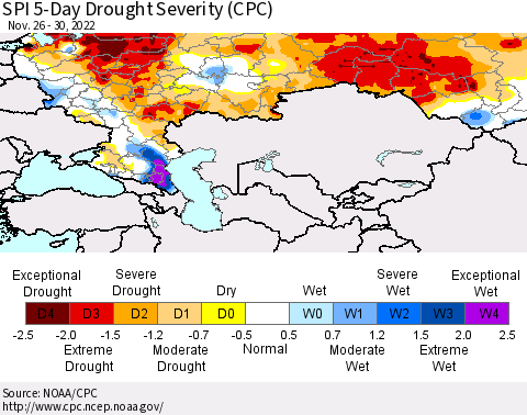 Russian Federation SPI 5-Day Drought Severity (CPC) Thematic Map For 11/26/2022 - 11/30/2022