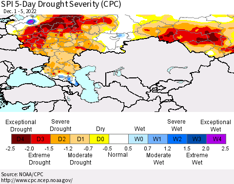 Russian Federation SPI 5-Day Drought Severity (CPC) Thematic Map For 12/1/2022 - 12/5/2022