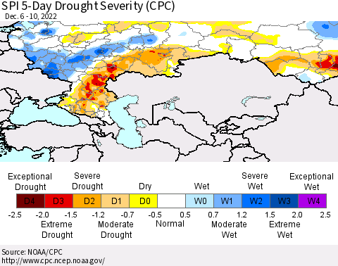 Russian Federation SPI 5-Day Drought Severity (CPC) Thematic Map For 12/6/2022 - 12/10/2022