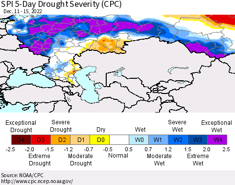 Russian Federation SPI 5-Day Drought Severity (CPC) Thematic Map For 12/11/2022 - 12/15/2022