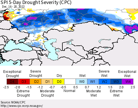 Russian Federation SPI 5-Day Drought Severity (CPC) Thematic Map For 12/16/2022 - 12/20/2022