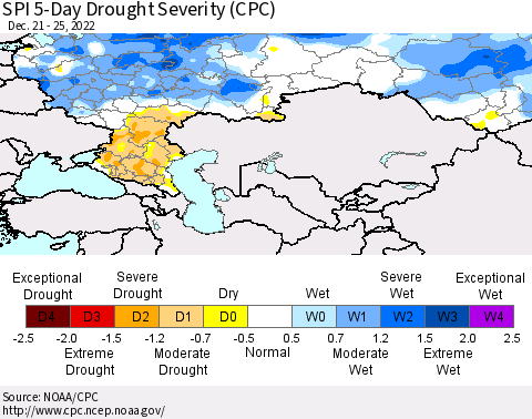 Russian Federation SPI 5-Day Drought Severity (CPC) Thematic Map For 12/21/2022 - 12/25/2022