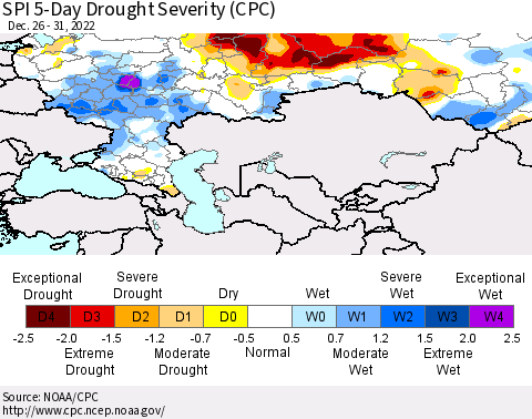 Russian Federation SPI 5-Day Drought Severity (CPC) Thematic Map For 12/26/2022 - 12/31/2022