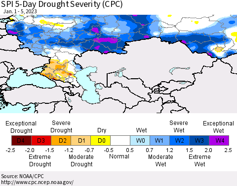 Russian Federation SPI 5-Day Drought Severity (CPC) Thematic Map For 1/1/2023 - 1/5/2023