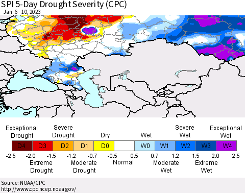 Russian Federation SPI 5-Day Drought Severity (CPC) Thematic Map For 1/6/2023 - 1/10/2023