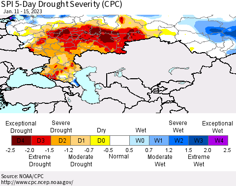 Russian Federation SPI 5-Day Drought Severity (CPC) Thematic Map For 1/11/2023 - 1/15/2023