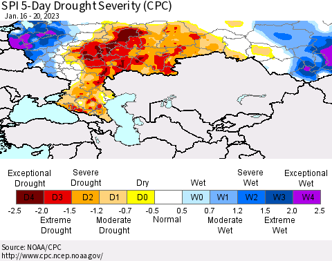 Russian Federation SPI 5-Day Drought Severity (CPC) Thematic Map For 1/16/2023 - 1/20/2023