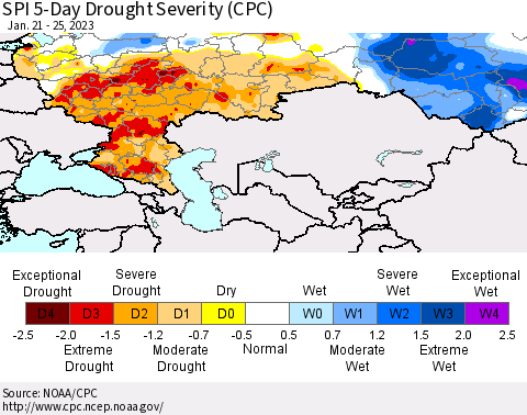 Russian Federation SPI 5-Day Drought Severity (CPC) Thematic Map For 1/21/2023 - 1/25/2023