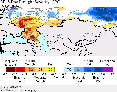 Russian Federation SPI 5-Day Drought Severity (CPC) Thematic Map For 1/26/2023 - 1/31/2023
