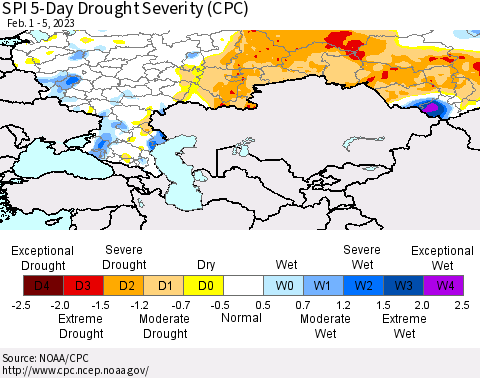 Russian Federation SPI 5-Day Drought Severity (CPC) Thematic Map For 2/1/2023 - 2/5/2023