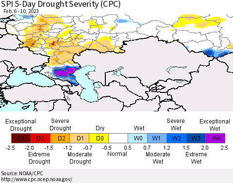 Russian Federation SPI 5-Day Drought Severity (CPC) Thematic Map For 2/6/2023 - 2/10/2023