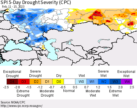 Russian Federation SPI 5-Day Drought Severity (CPC) Thematic Map For 2/11/2023 - 2/15/2023