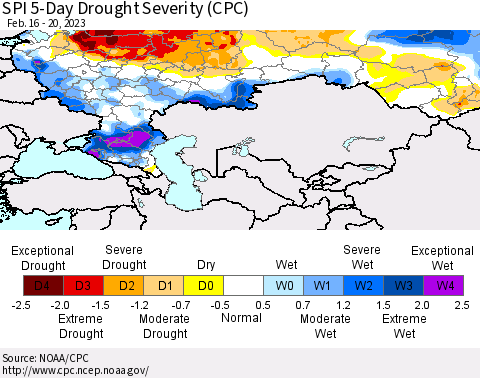 Russian Federation SPI 5-Day Drought Severity (CPC) Thematic Map For 2/16/2023 - 2/20/2023
