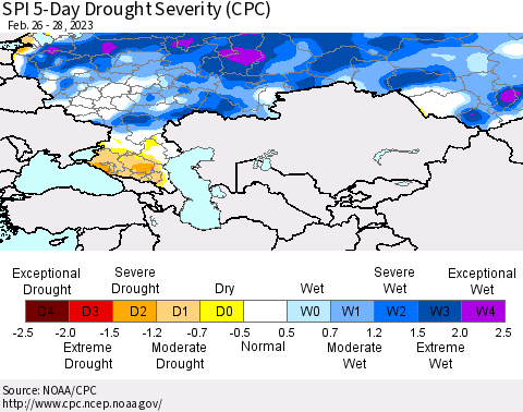 Russian Federation SPI 5-Day Drought Severity (CPC) Thematic Map For 2/26/2023 - 2/28/2023