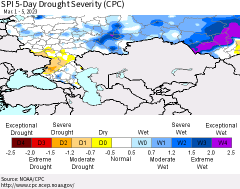 Russian Federation SPI 5-Day Drought Severity (CPC) Thematic Map For 3/1/2023 - 3/5/2023
