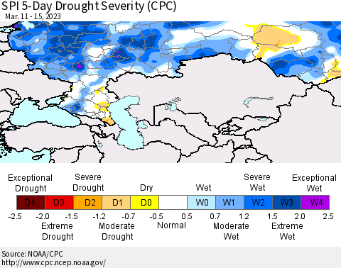 Russian Federation SPI 5-Day Drought Severity (CPC) Thematic Map For 3/11/2023 - 3/15/2023