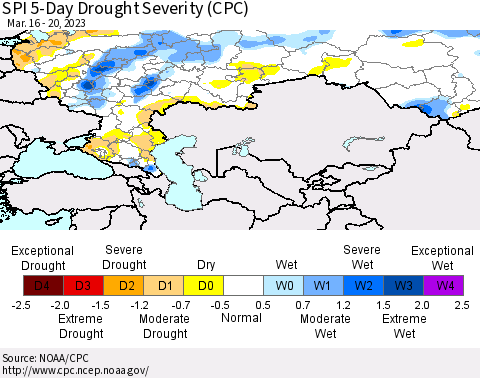 Russian Federation SPI 5-Day Drought Severity (CPC) Thematic Map For 3/16/2023 - 3/20/2023