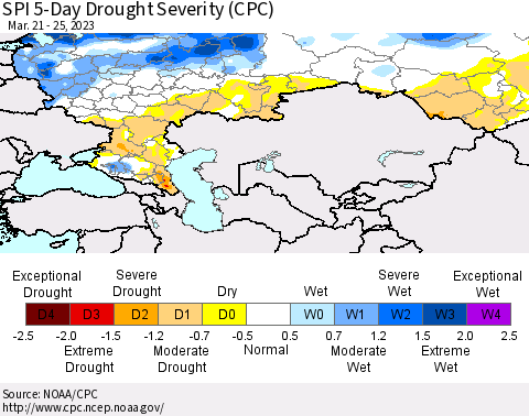 Russian Federation SPI 5-Day Drought Severity (CPC) Thematic Map For 3/21/2023 - 3/25/2023