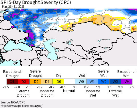 Russian Federation SPI 5-Day Drought Severity (CPC) Thematic Map For 3/26/2023 - 3/31/2023