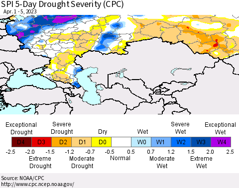 Russian Federation SPI 5-Day Drought Severity (CPC) Thematic Map For 4/1/2023 - 4/5/2023