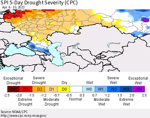 Russian Federation SPI 5-Day Drought Severity (CPC) Thematic Map For 4/6/2023 - 4/10/2023
