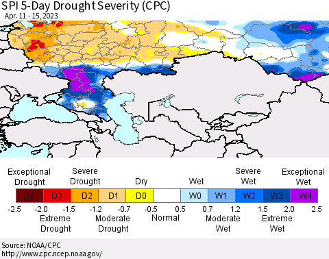 Russian Federation SPI 5-Day Drought Severity (CPC) Thematic Map For 4/11/2023 - 4/15/2023